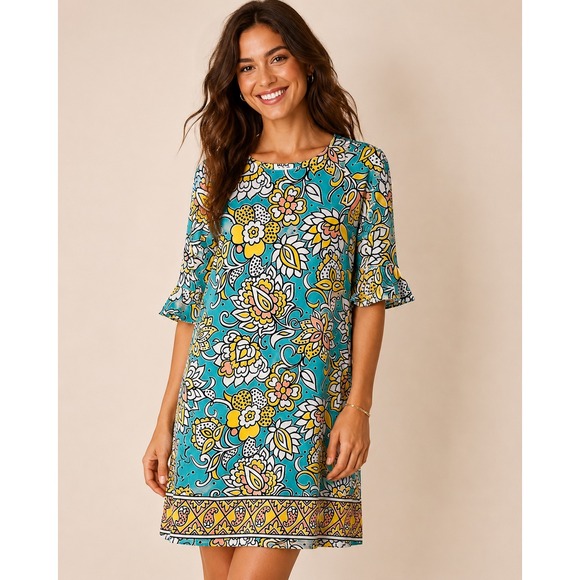Leota Dresses & Skirts - Leota Floral Paisley Ruffle Sleeve Shift Dress Teal Yellow XS Made in NY